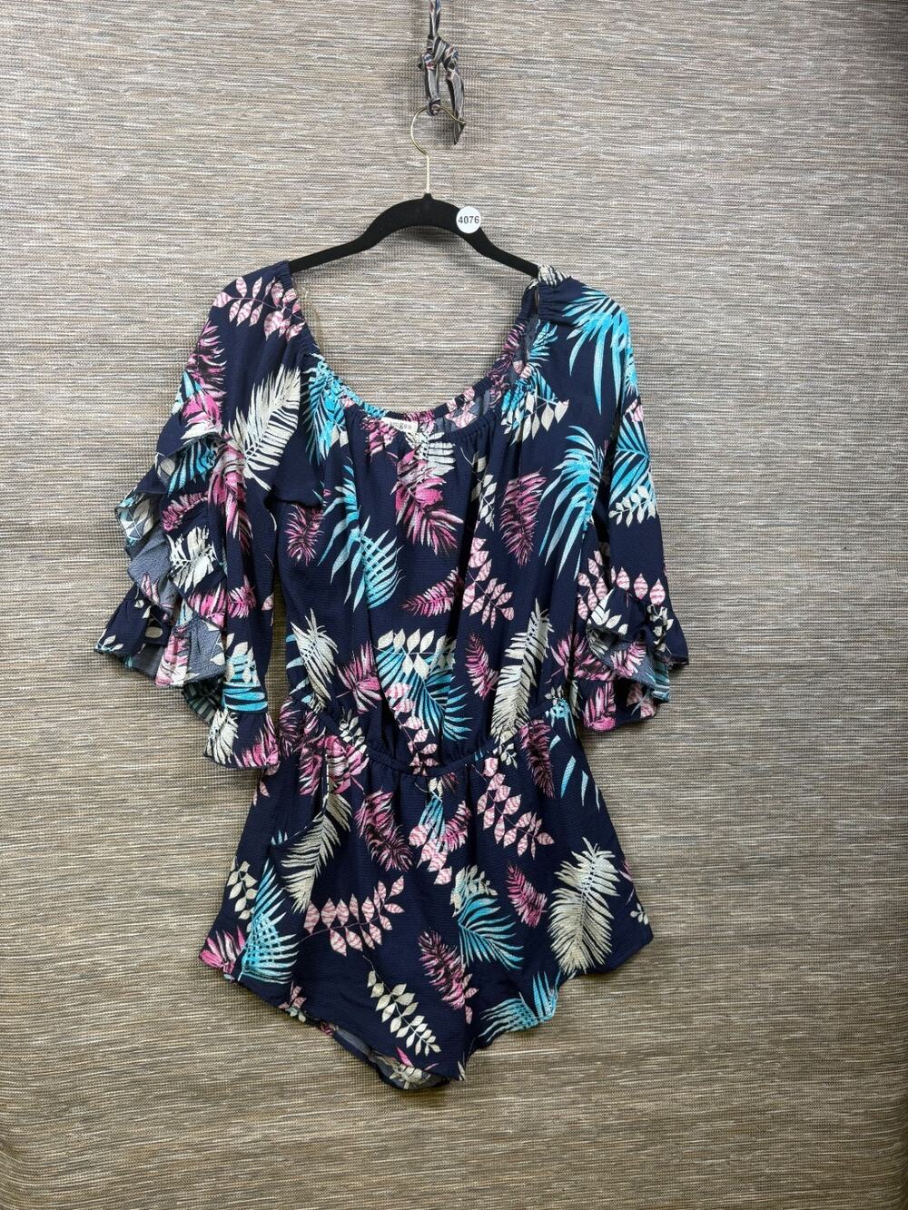 Umgee Floral Flutter Sleeve Romper Jumper Size M Navy Blue Multicolor Boho